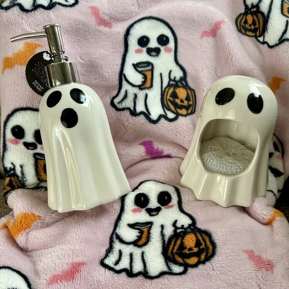 HEY BOO Pink Stanley Coffee Cup Ghost Throw BLanket Home Decor Halloween 3PC SET - Picture 1 of 16